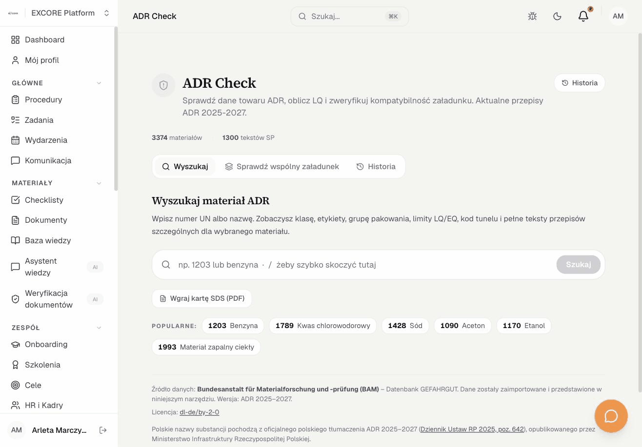 ADR Check, sprawdź towar niebezpieczny po numerze UN, nagranie z produktu EXCORE
